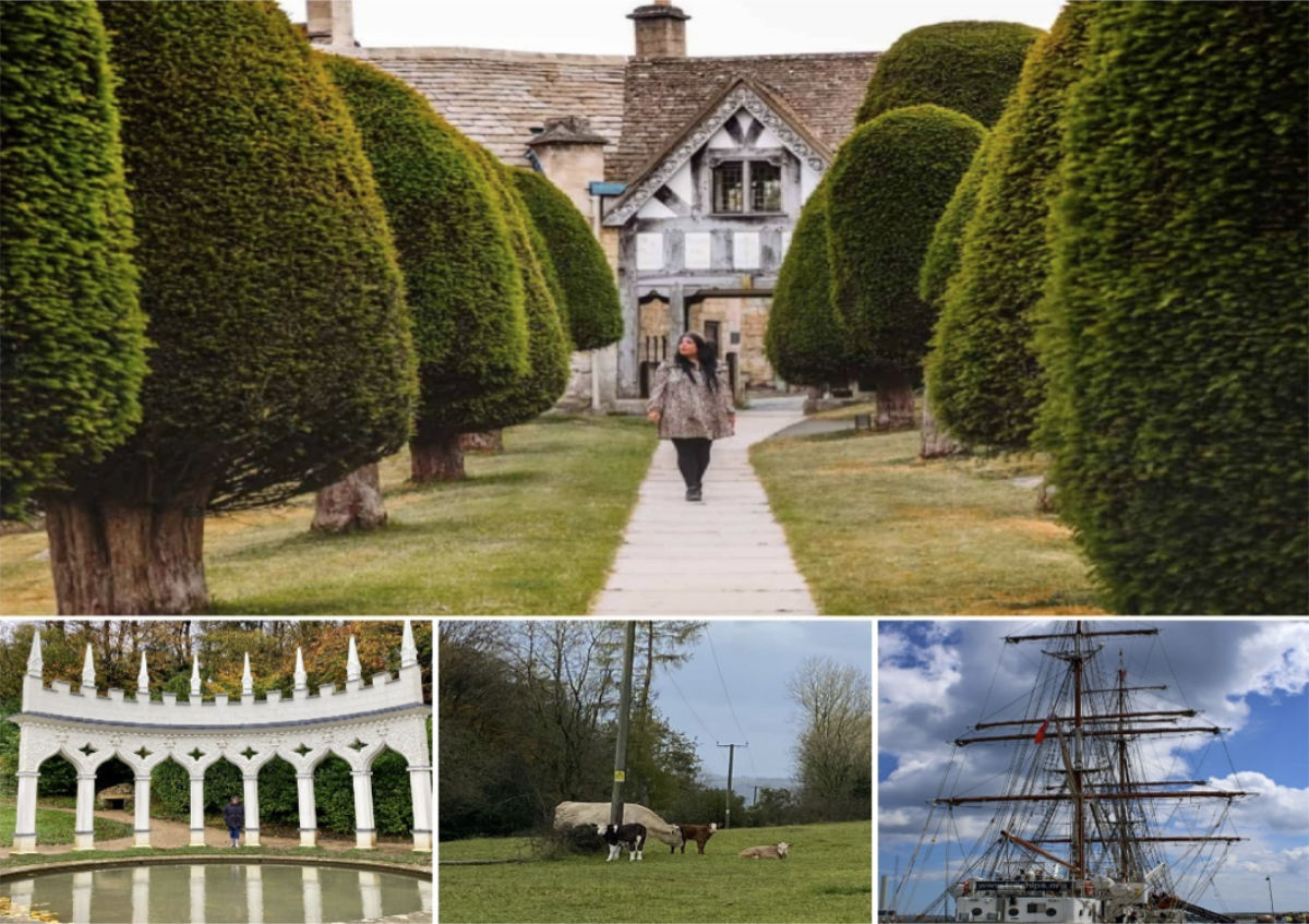 Yew trees at Painswick Church, Painswick Rococo Garden, cows on Minchinhampton Common, and tall ships at Gloucester