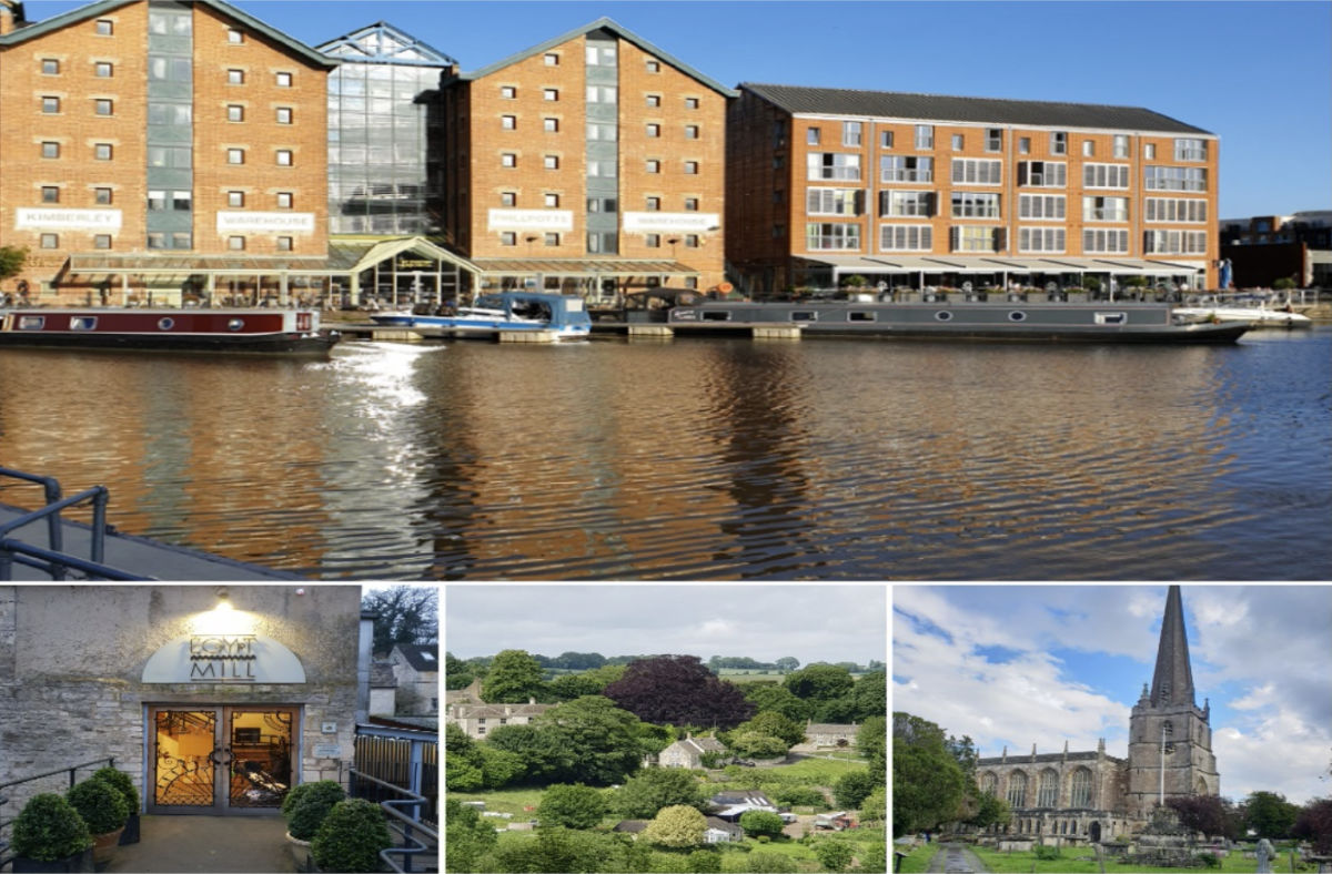 Gloucester Docks, Egypt Mill in Nailsworth, views across the Stroud Valley from Ben Grazebrooks Well and the Parish Church of St Mary the Virgin and St Mary Magdalen, Tetbury